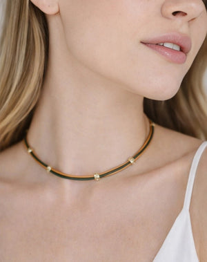 Dual - Tone Leather Choker with Gold Accents - ELLY
