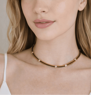 Dual - Tone Leather Choker with Gold Accents - ELLY