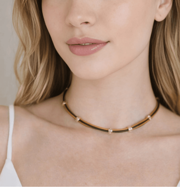 Dual - Tone Leather Choker with Gold Accents - ELLY