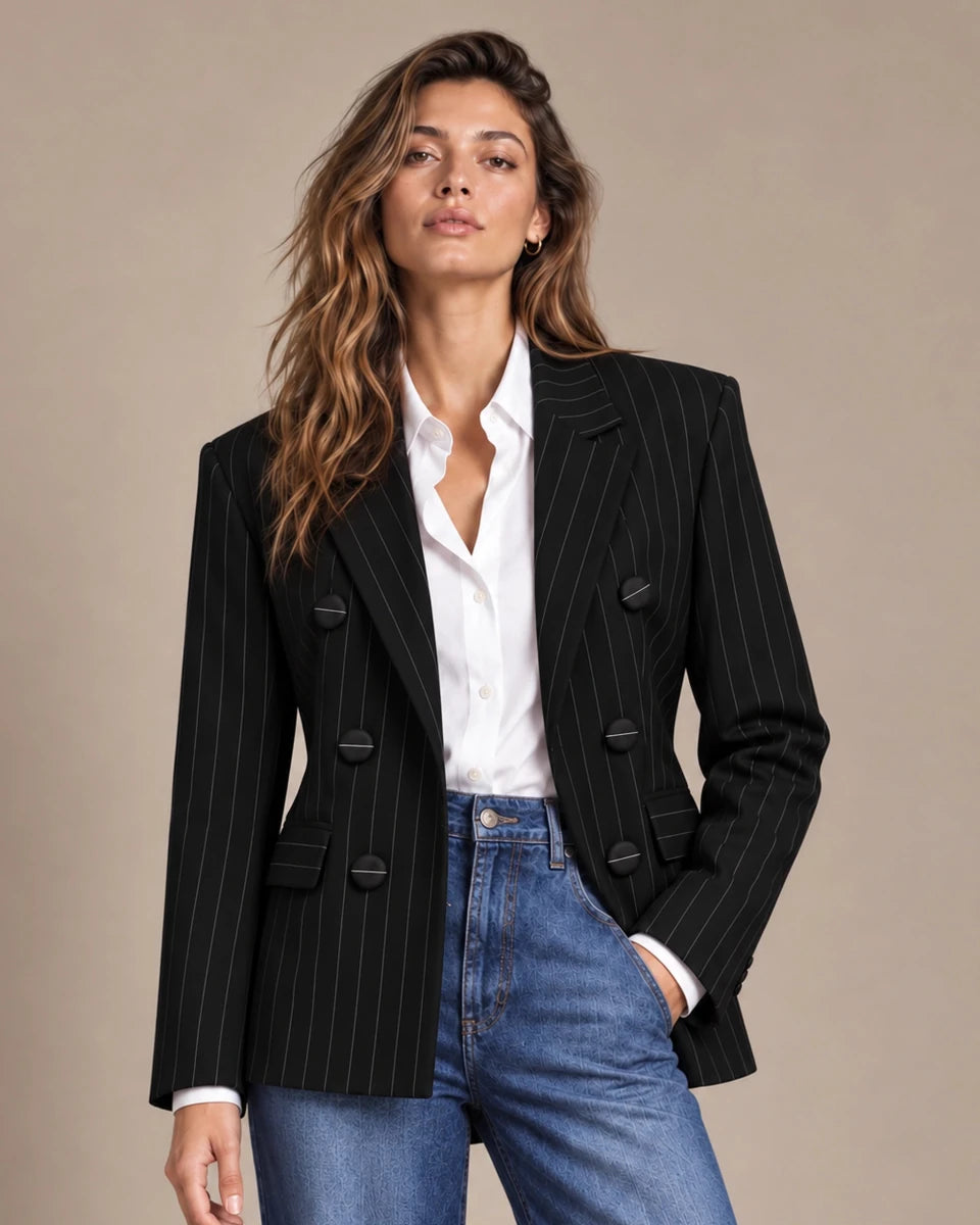 Close-up front view of the black pinstripe double-breasted blazer worn over a white shirt with blue jeans.