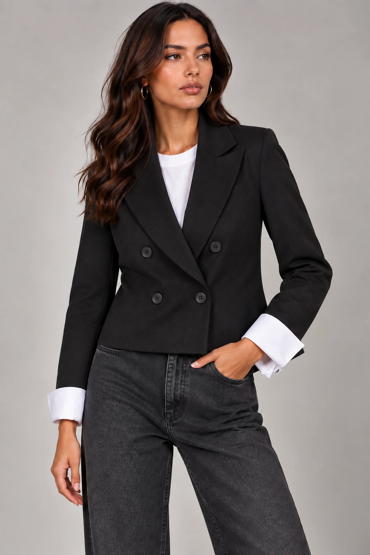 Fiamma Jacket in Nero Italian black double-breasted blazer shown closed with structured lapels and tailored silhouette