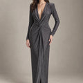 Elodie Almond and Light Blue Metallic Dress in Gessato Celeste/Mandorla, full-length view on model