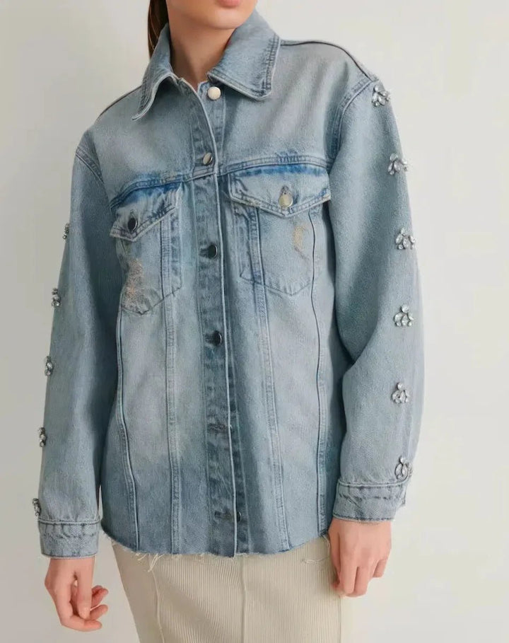 Embellished Light Wash Denim Jacket - ELLY