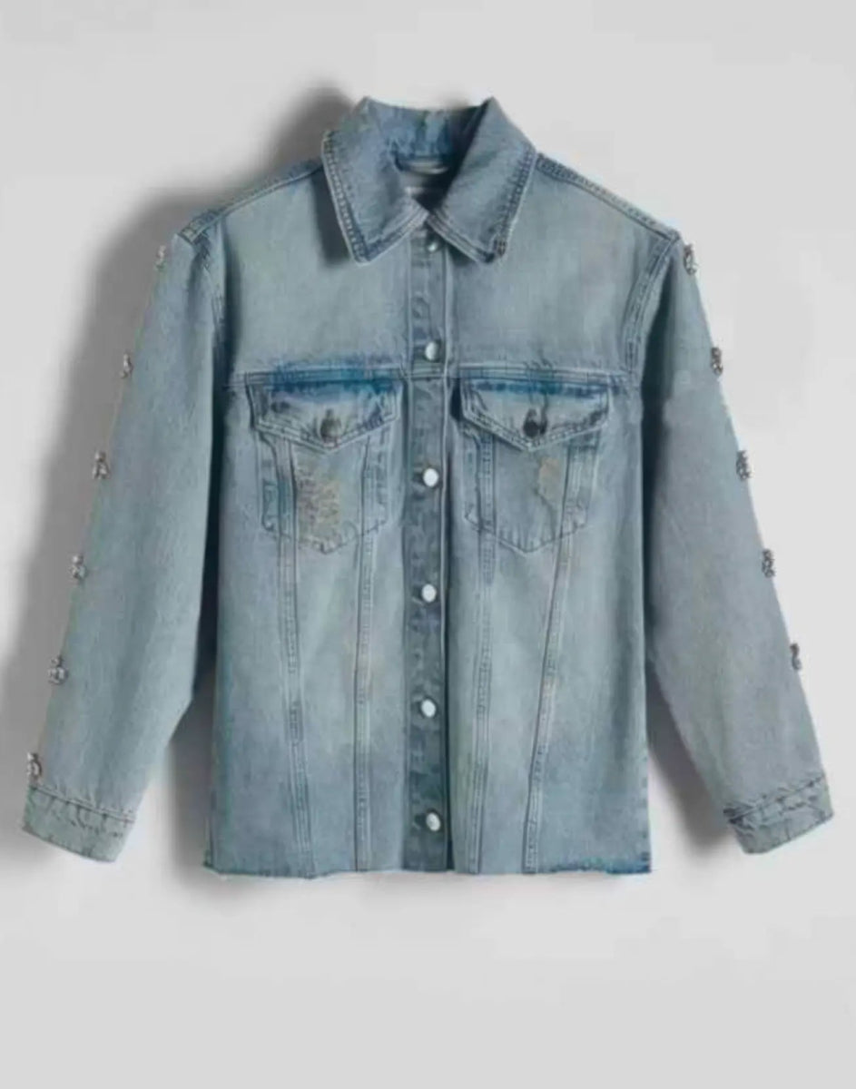 Embellished Light Wash Denim Jacket - ELLY