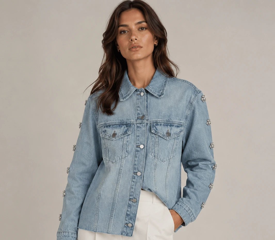 Embellished Light Wash Denim Jacket - ELLY
