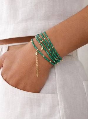 Emerald Green Beaded Convertible Necklace, Bracelet & Belt with Gold Charms - ELLY