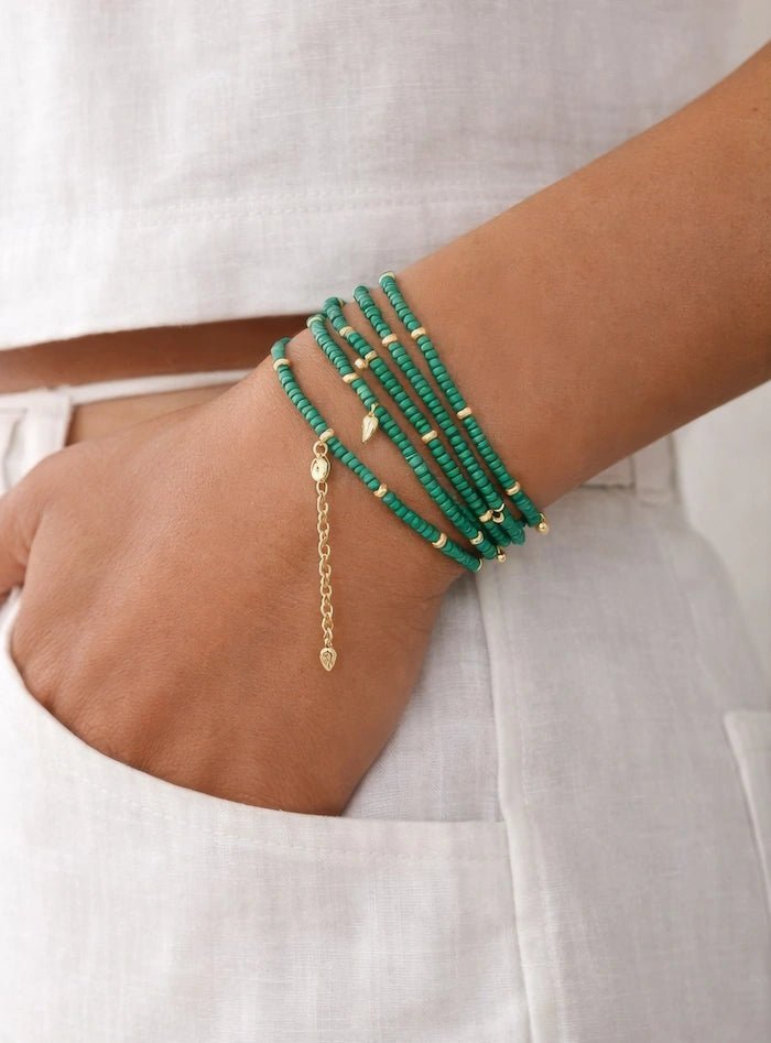 Emerald Green Beaded Convertible Necklace, Bracelet & Belt with Gold Charms - ELLY