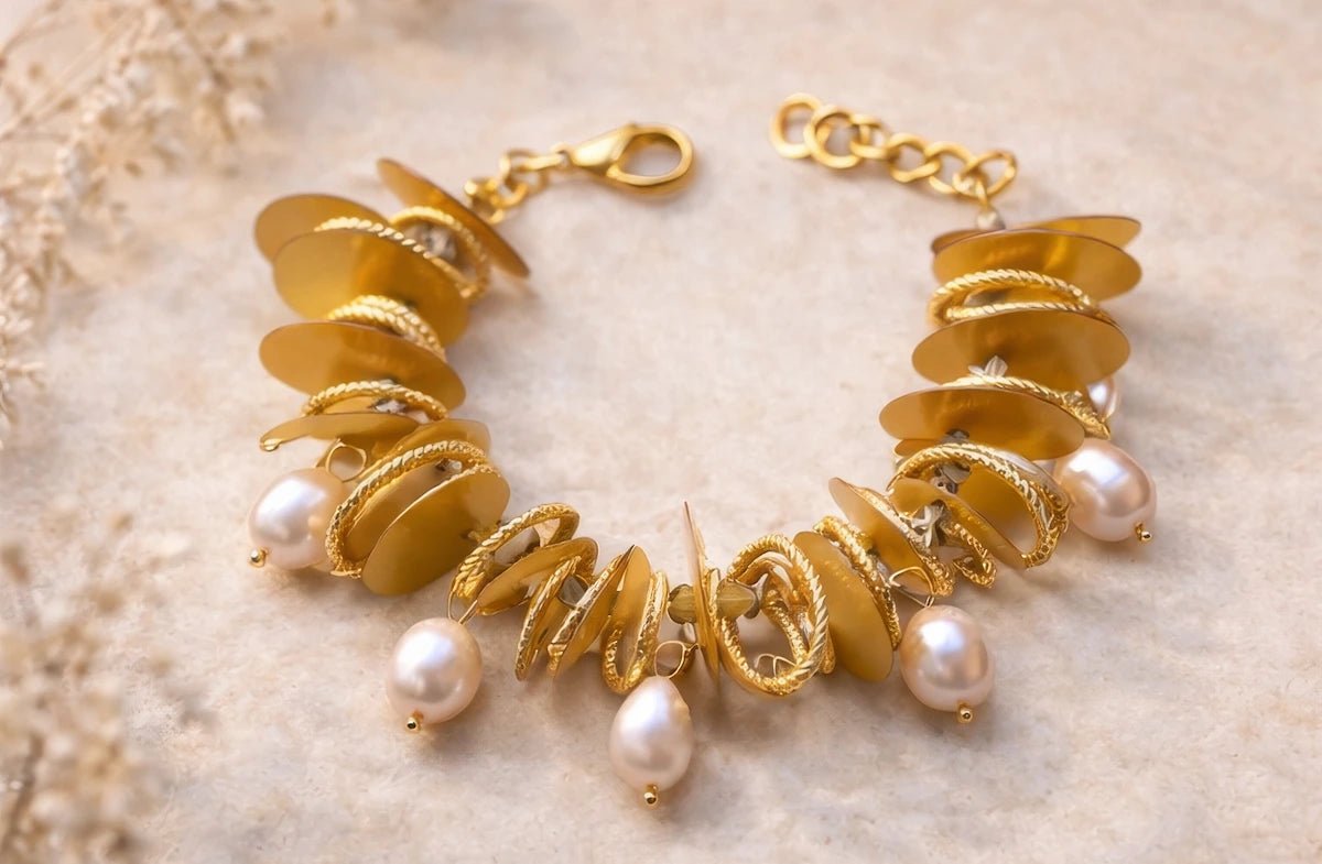 Exquisite Gold Leaf Bracelet Featuring Baroque Pearls - ELLY