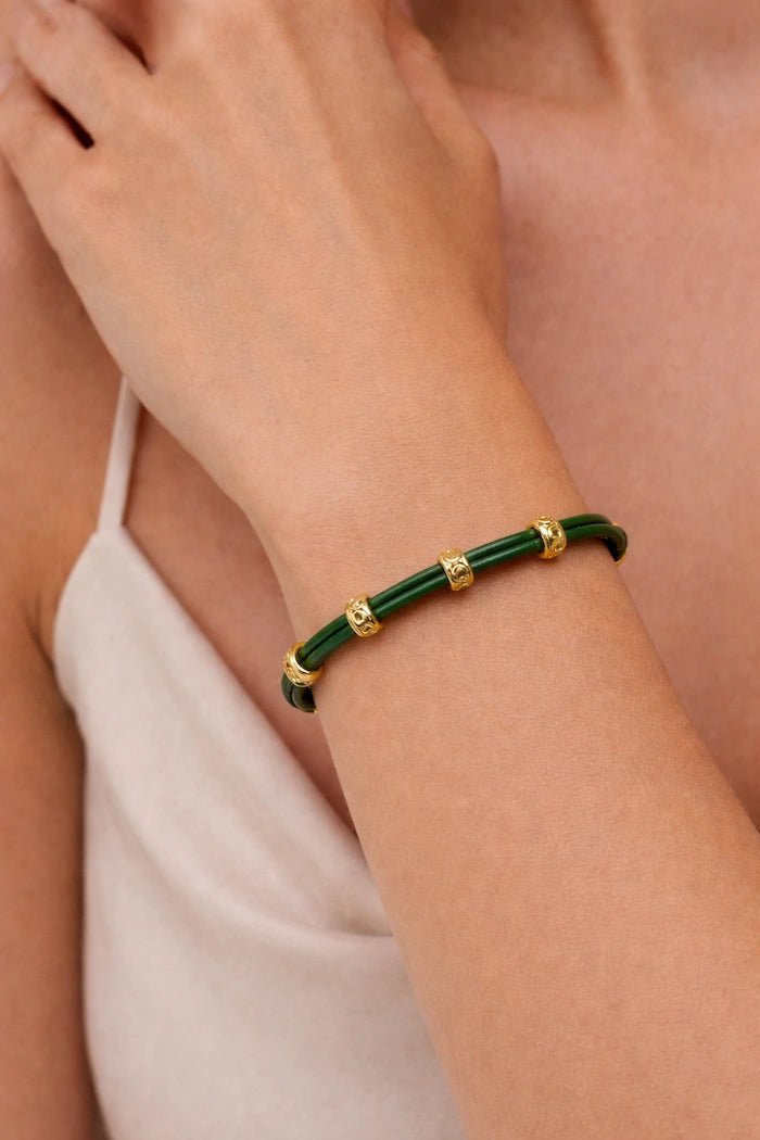 Forest Green Leather & Gold Accent Bracelet - ELLY