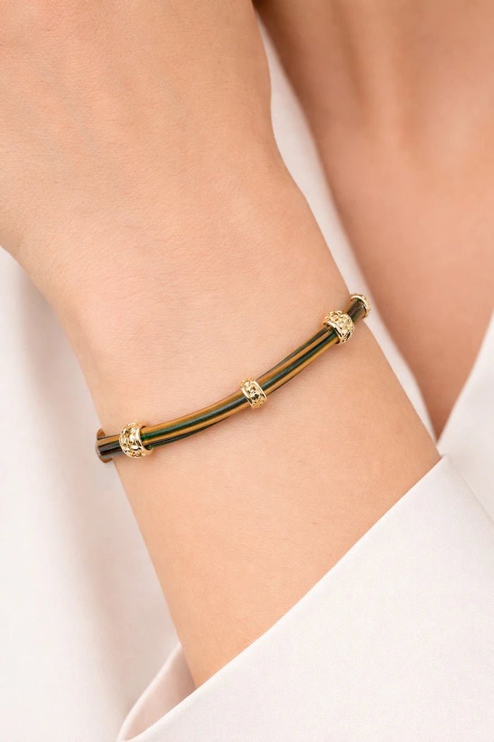 Forest Green & Mustard Leather Gold Accent Bracelet - ELLY