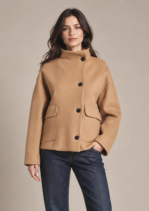 Frida Beige High-Neck Jacket in Beige, closer product view showing the upper garment silhouette