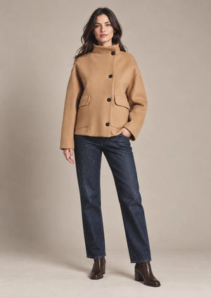 Frida Beige High-Neck Jacket in Beige, full-length view on model showing the upper garment silhouette