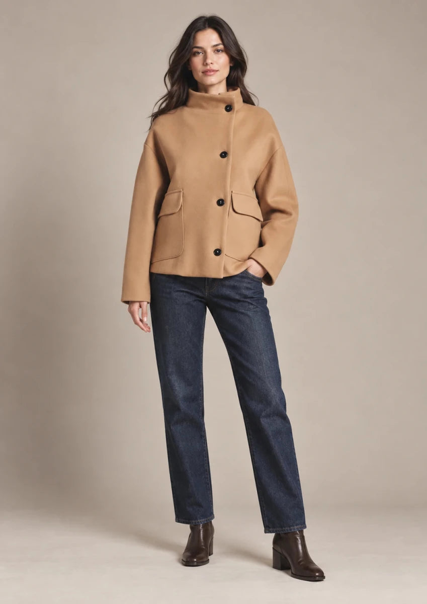 Frida Beige High-Neck Jacket in Beige, full-length view on model showing the upper garment silhouette