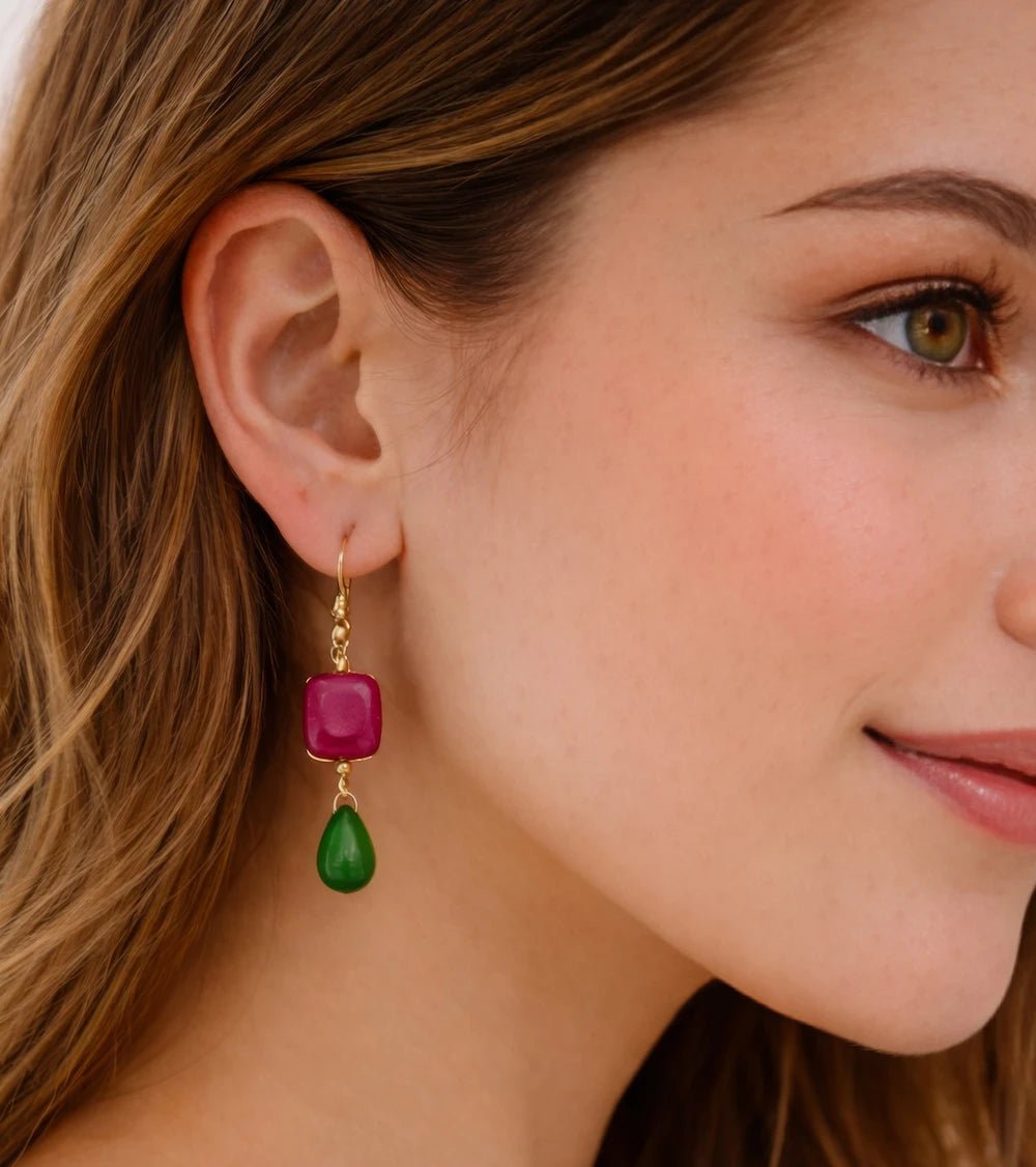 Fuchsia & Jade Drop Statement Earrings – Gold - ELLY