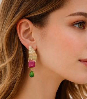 Fuchsia & Jade Drop Statement Earrings – Gold - ELLY