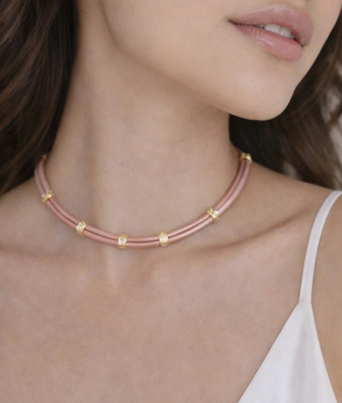 Genuine Leather Choker with 18K Gold - Plated Brass Details - ELLY