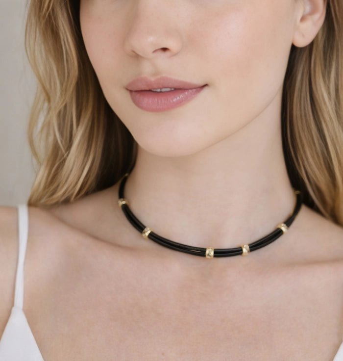 Genuine Leather Double - Strand Choker with Gold - Plated Accents - ELLY