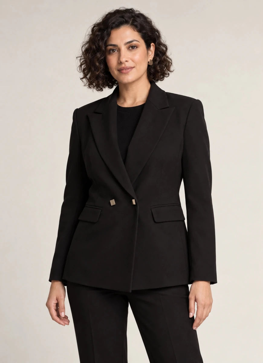 Front view of Giacca Doppiopetto Nero black double-breasted blazer with gold-tone buttons and flap pockets