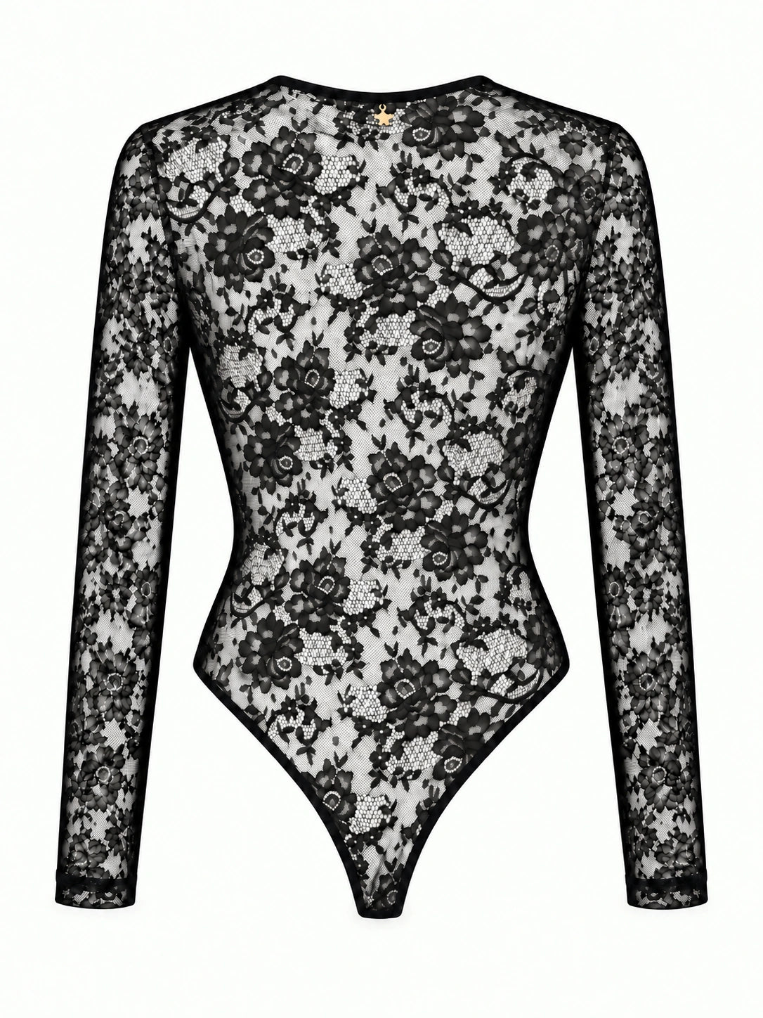 Rear view of the black Giusy lace bodysuit showing its sheer floral pattern and long sleeves.