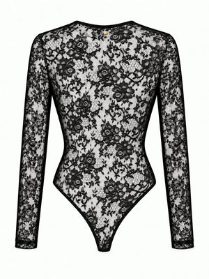 Rear view of the black Giusy lace bodysuit showing its sheer floral pattern and long sleeves.