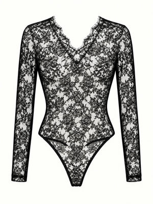 Front view of the black Giusy lace bodysuit showing its floral pattern, V-neck and long sleeves.