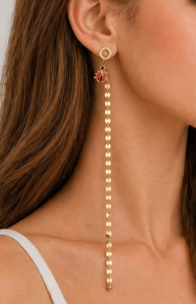 Gold Asymmetrical Ladybug Charm Drop Earrings - ELLY