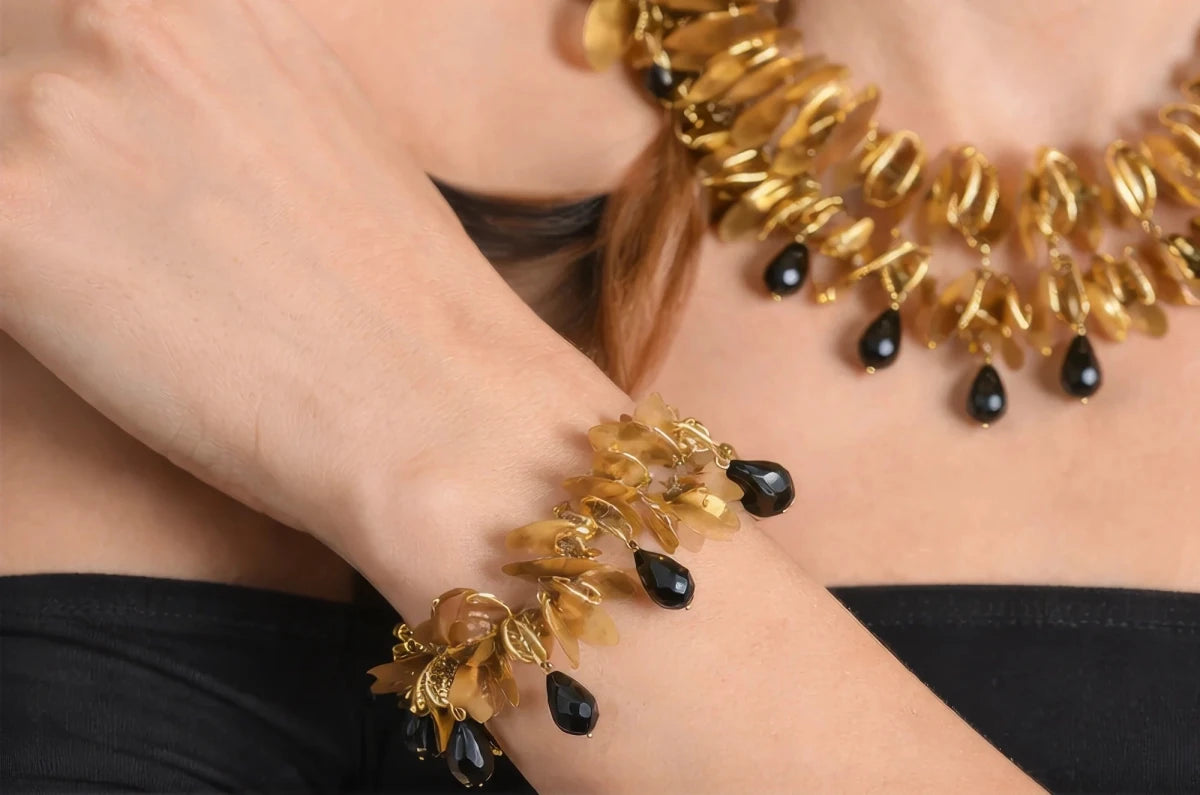 Gold Leaf Statement Bracelet with Preciosa Czech Crystals - ELLY