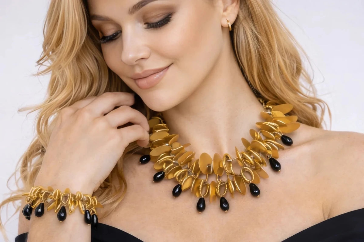 Gold Leaf Statement Necklace with Preciosa Czech Crystals - ELLY