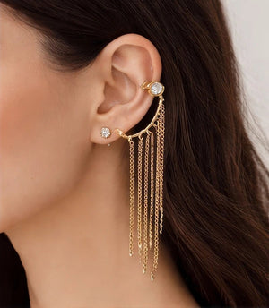 Gold - Tone Ear Cuff & Crystal Stud Set with Chain Fringe - ELLY