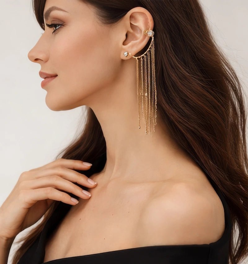 Gold - Tone Ear Cuff & Crystal Stud Set with Chain Fringe - ELLY