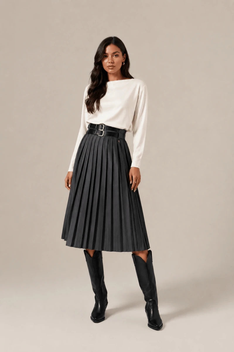 Gray Pleated Double Waist Skirt - ELLY