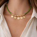 Green Beaded Coin Charm Necklace - ELLY