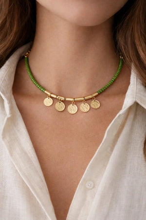 Green Beaded Coin Charm Necklace - ELLY