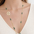 Green Crystal Beaded Chain Necklace with Gold E Pendant - ELLY