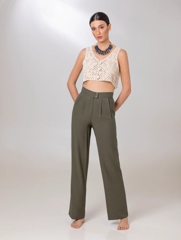 Green Linen Pants - ELLY