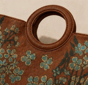 Half - Moon Floral Leather Top Handle Bag – Tan - ELLY