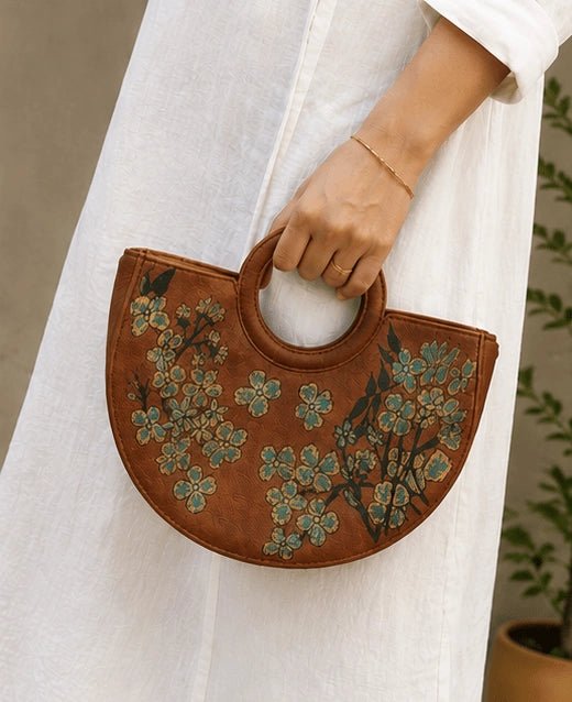 Half - Moon Floral Leather Top Handle Bag – Tan - ELLY