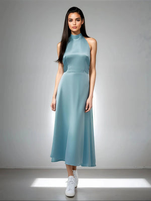 Halter - Neck Satin Midi Dress in Blue – by ELLY - ELLY