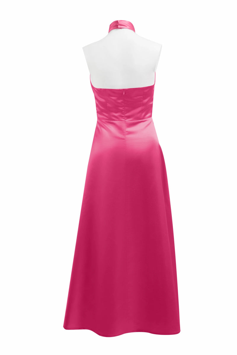 Halter - Neck Satin Midi Dress in Fuchsia – by ELLY - ELLY