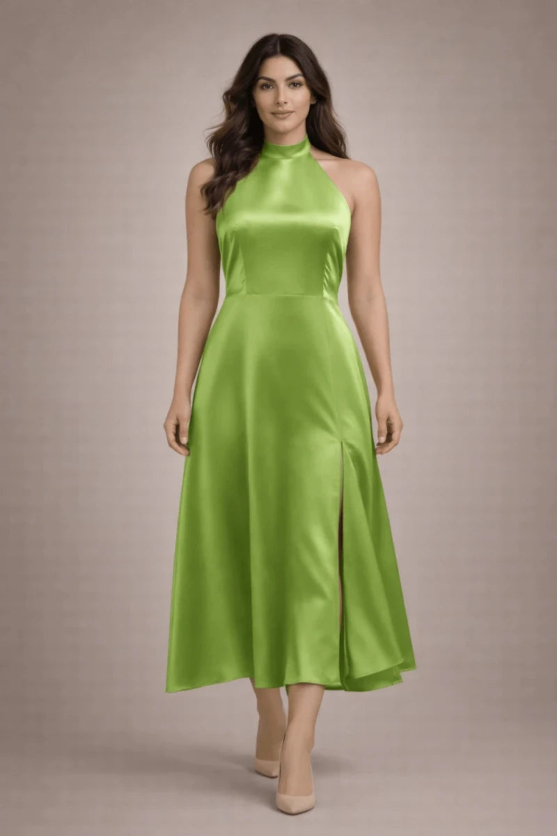 Halter-Neck Satin Midi Dress in Green | ELLY Green / Small Halter-Neck Satin Midi Dress in Green | ELLY Green / Small