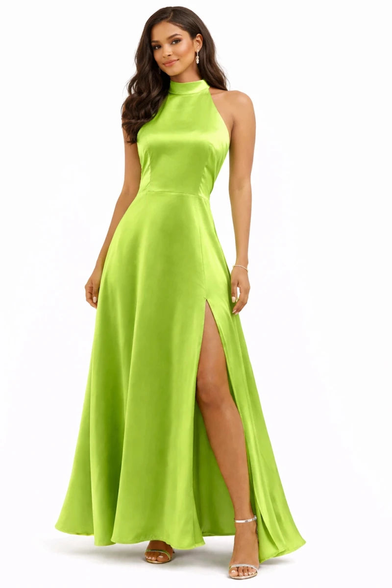 Halter-Neck Satin Midi Dress in Green | ELLY Green / Small Halter-Neck Satin Midi Dress in Green | ELLY Green / Small