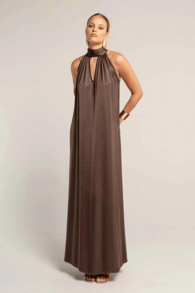 Halter Satin Maxi Dress - ELLY