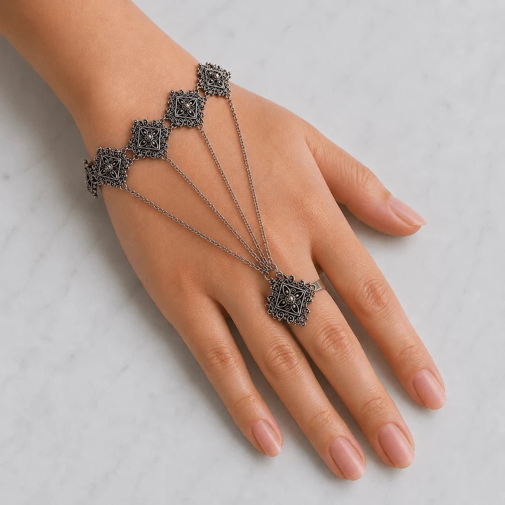 Hand Chain Bracelet with Ring – Antique Silver - ELLY
