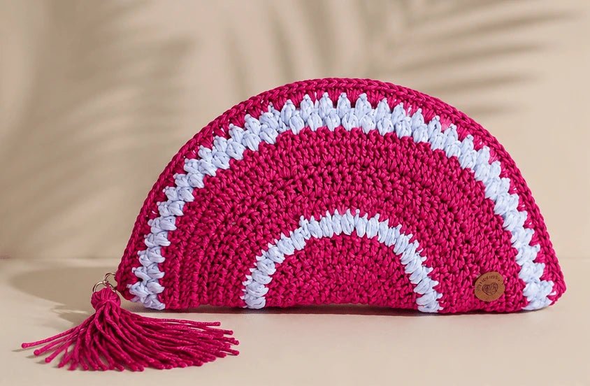 Handmade Fuchsia Crochet Half - Moon Clutch – Pink &amp; White - ELLY