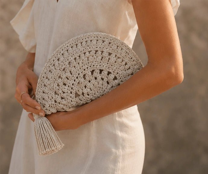 Handmade Ivory Crochet Half - Moon Clutch – Natural Beige - ELLY