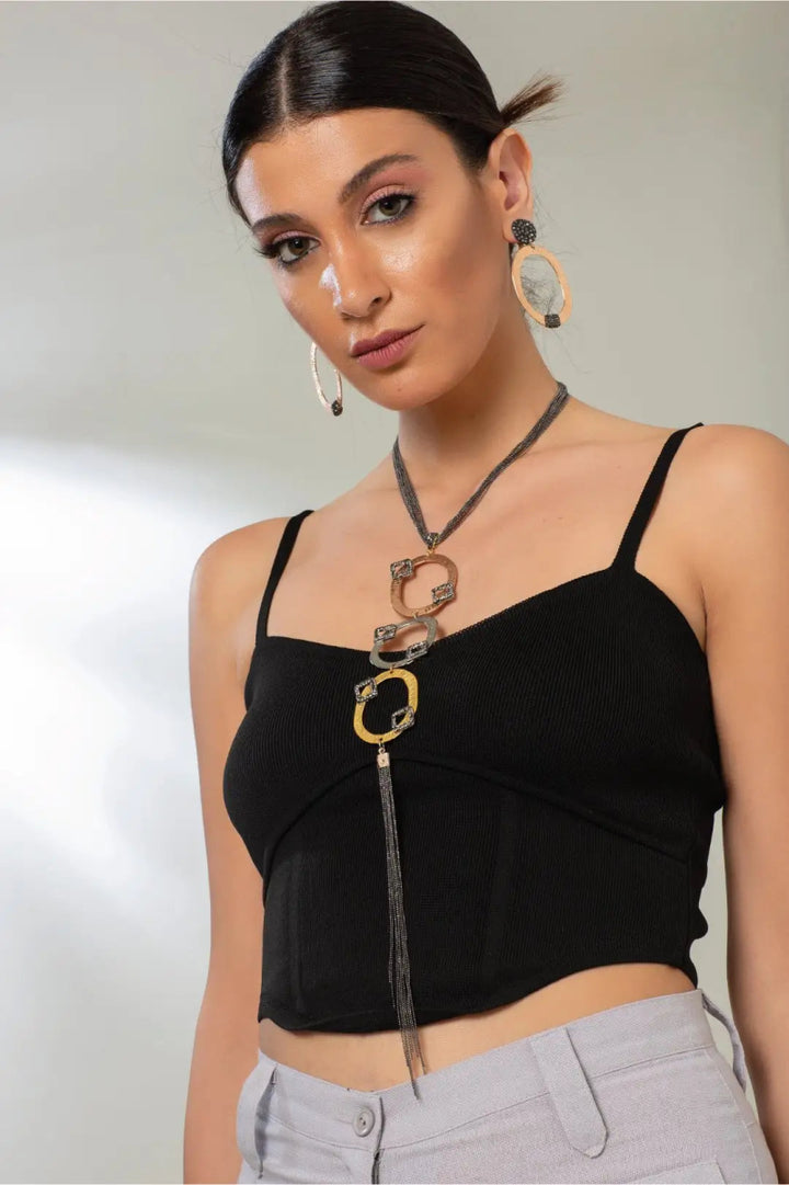 Handmade necklace, featuring a black rhodium coated metal chain and a stunning ornament adorned with rose gold, silver, and yellow gold finishes - ELLY