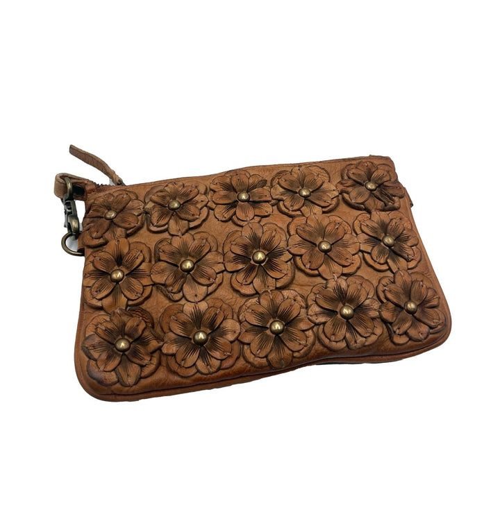 Handmade Sand Brown Leather Clutch Bag with Floral Embellishments - ELLY