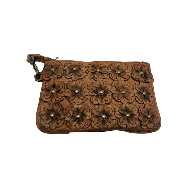 Handmade Sand Brown Leather Clutch Bag with Floral Embellishments - ELLY