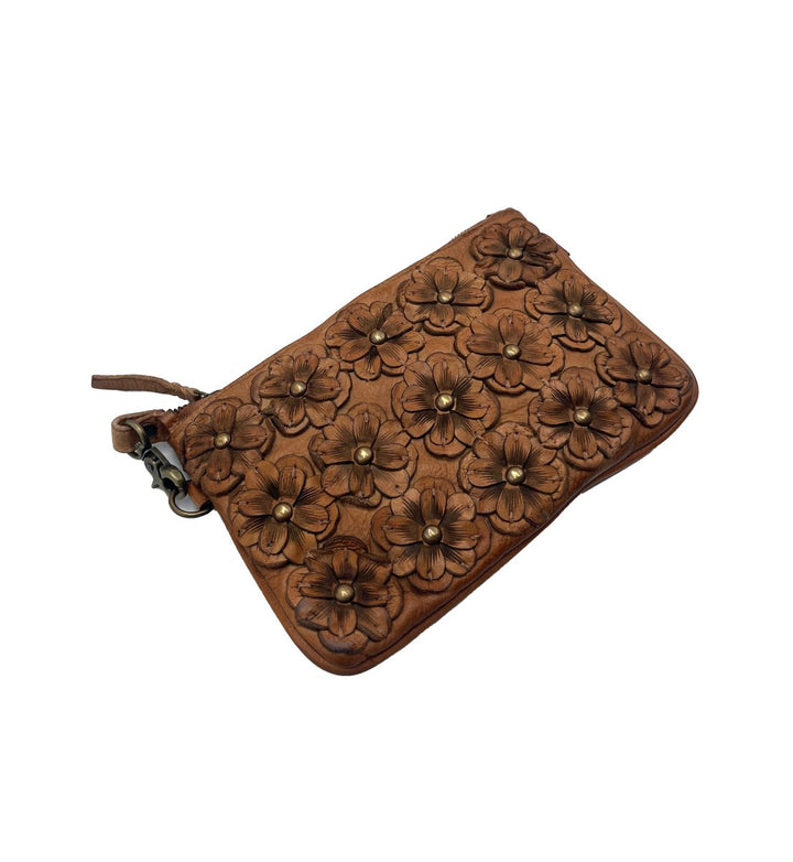 Handmade Sand Brown Leather Clutch Bag with Floral Embellishments - ELLY