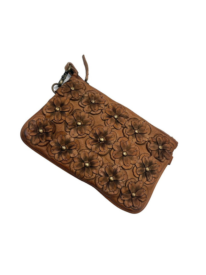 Handmade Sand Brown Leather Clutch Bag with Floral Embellishments - ELLY